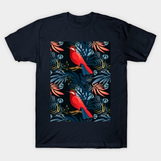 Boho Chic decorative tropical flowers and exotic red bird, Navy Blue floral Art trendy design Christmas Birthday Holiday Decoration Vintage Home Decor, clothes, greeting card, gifts idea T-Shirt